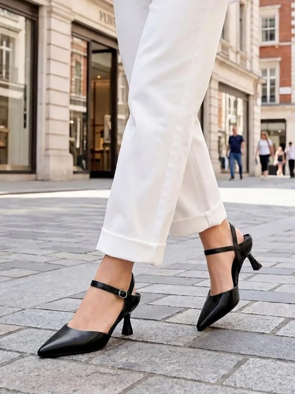 Women's Black Kitten Heels Dress Shoes Closed Pointed Toe Adjustable Strap Heel